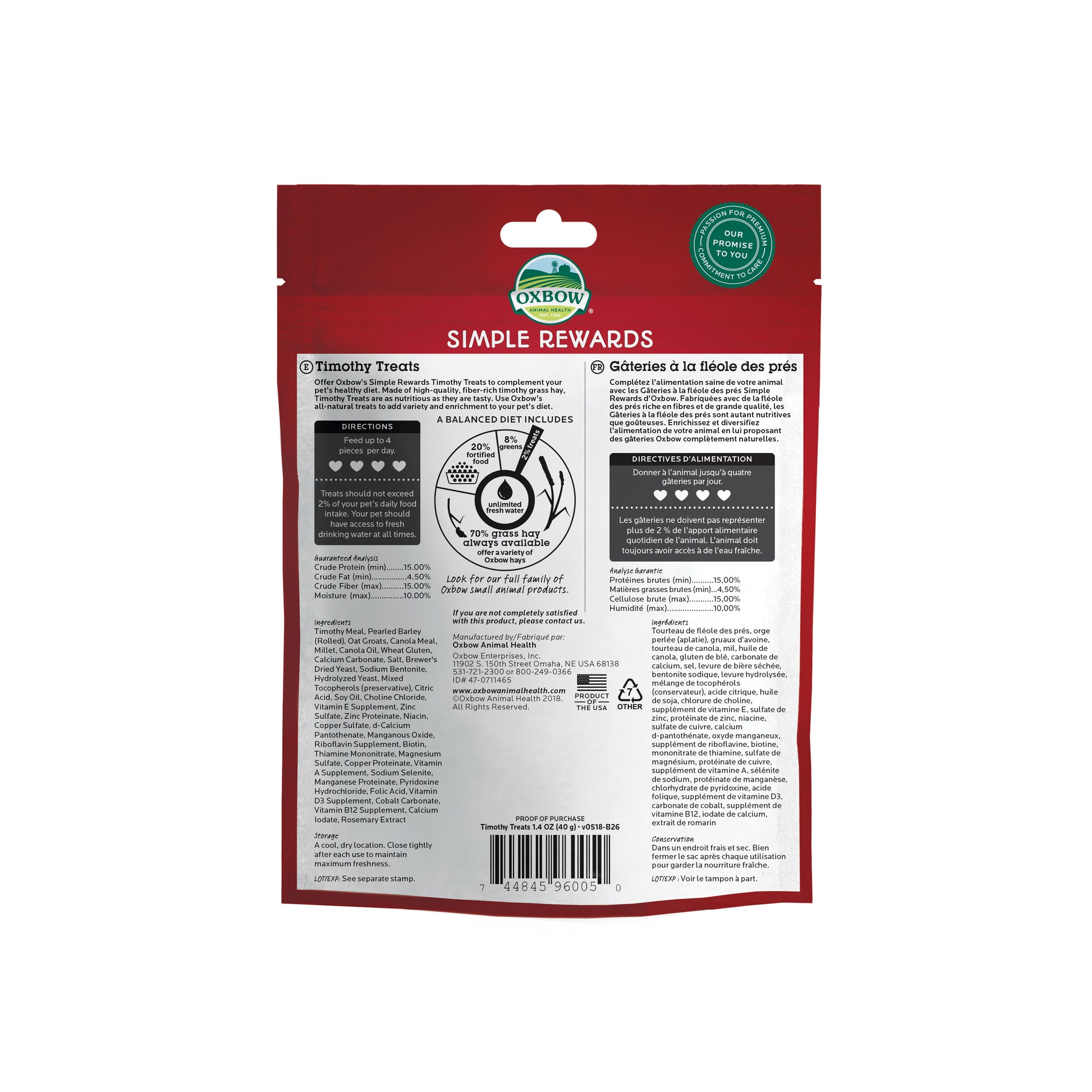 Oxbow Timothy Treats are a wholesome, healthy treat favorite of rabbits, guinea pigs, chinchillas and other small pets. Back side label.